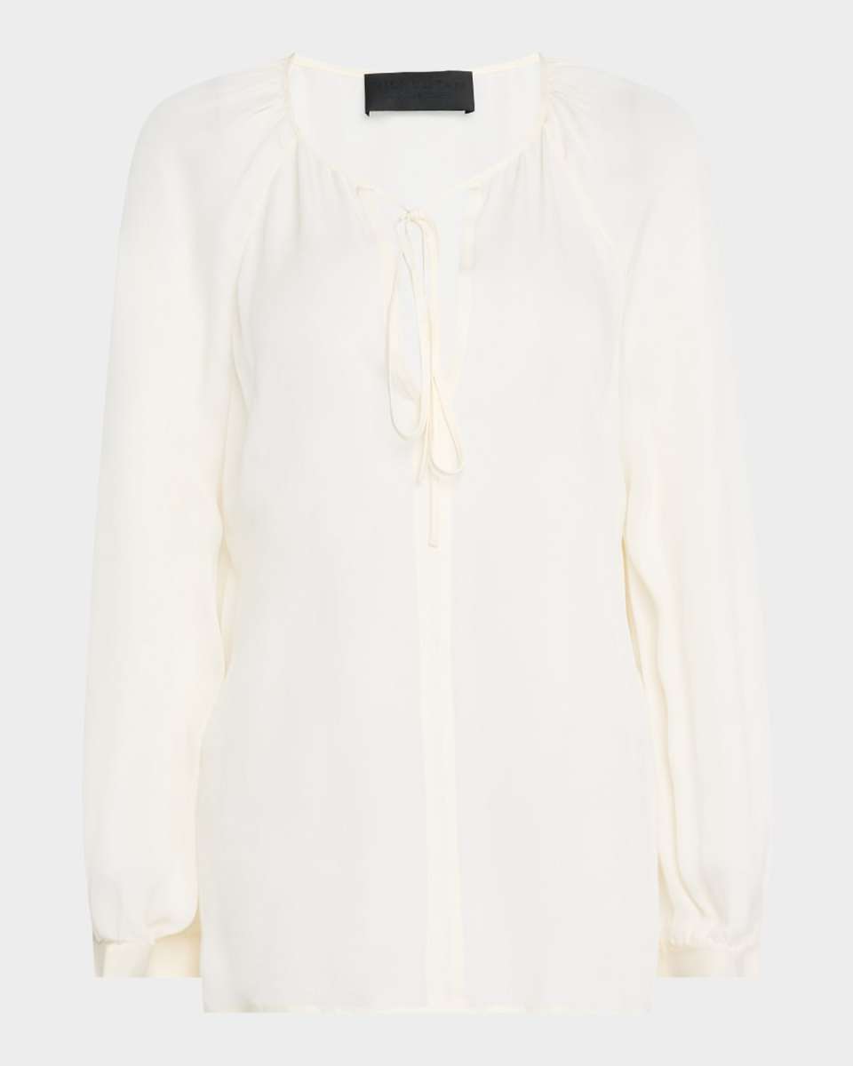 Acadia Tie-Neck Sheer Silk Peasant Blous